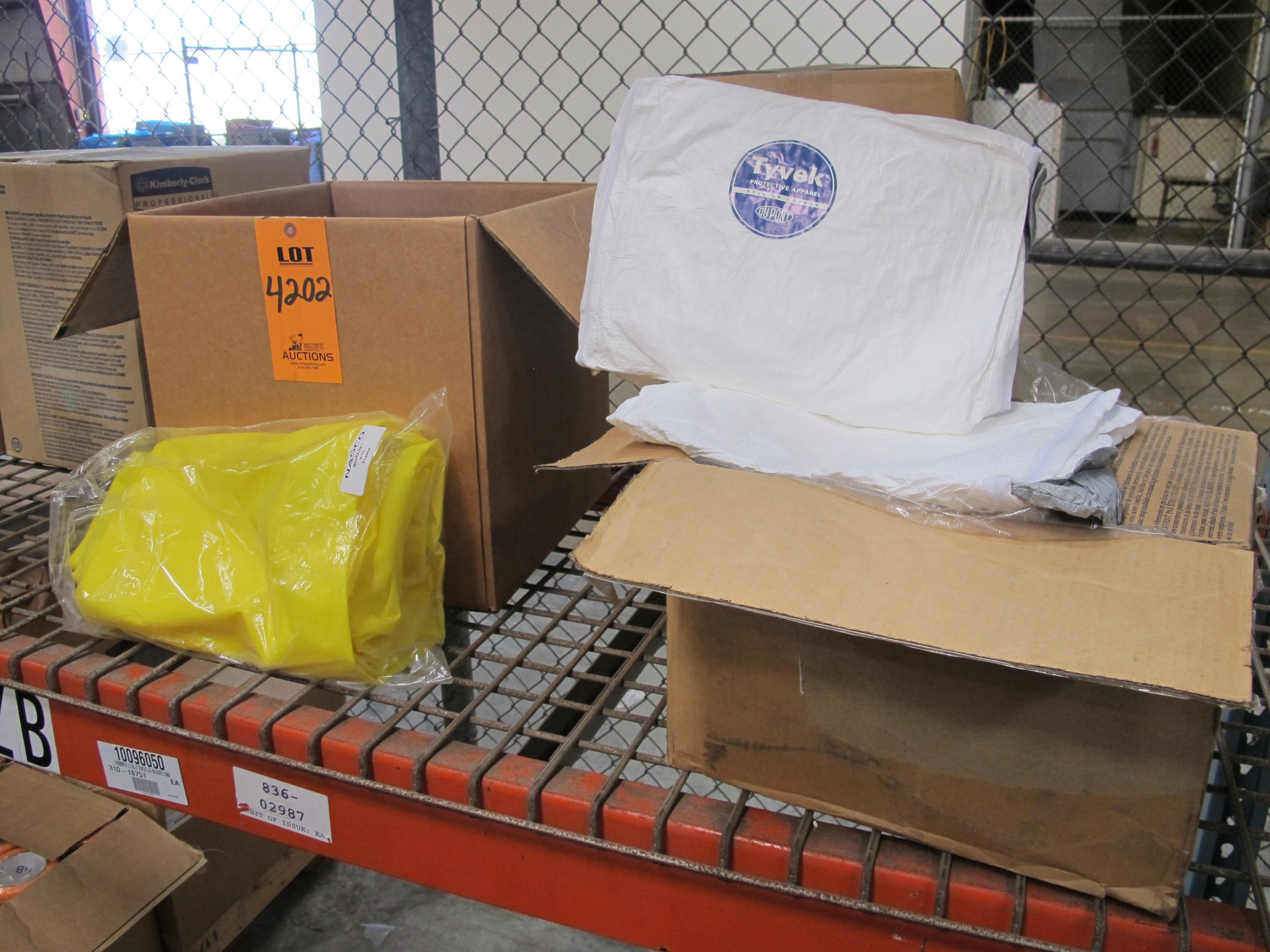 LOT TON INCLUDE: (30) COVERALL, XXXL SIZE, HAZARDOUS MATERIAL / CHEMICAL PROTECTION KIND, SRANEX-LAMINATED TYVEK WITH NSR SEALED SEAMS MATERIAL, WHITE COLOR. ZIPPERED FRONT, ATTACHED HOOD AND BOOTS, AND ELASTIC WRISTS, (12) SUITS, RAIN TYPE, X-LARGE SIZE, YELLOW COLOR. WAIST LENGTH JACKET WITH ATTACHED HOOD, SNAP FRONT WITH STORM FLY. BIB STYLE TROUSER, PLAIN FRONT, ADJUSTABLE ELASTIC SUSPENDERS, (75) COVERALLS, XXL SIZE, ASBESTOS REMOVAL KIND, TYVEK FABRIC MATERIAL, WHITE COLOR. SUIT TYPE WITH BOOTS, 25 PER CASE. LOADING & HANDLING FEE $15-4202